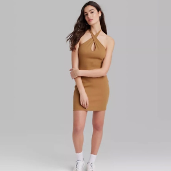 Caramel brown halter ribbed dress - Picture 3 of 3